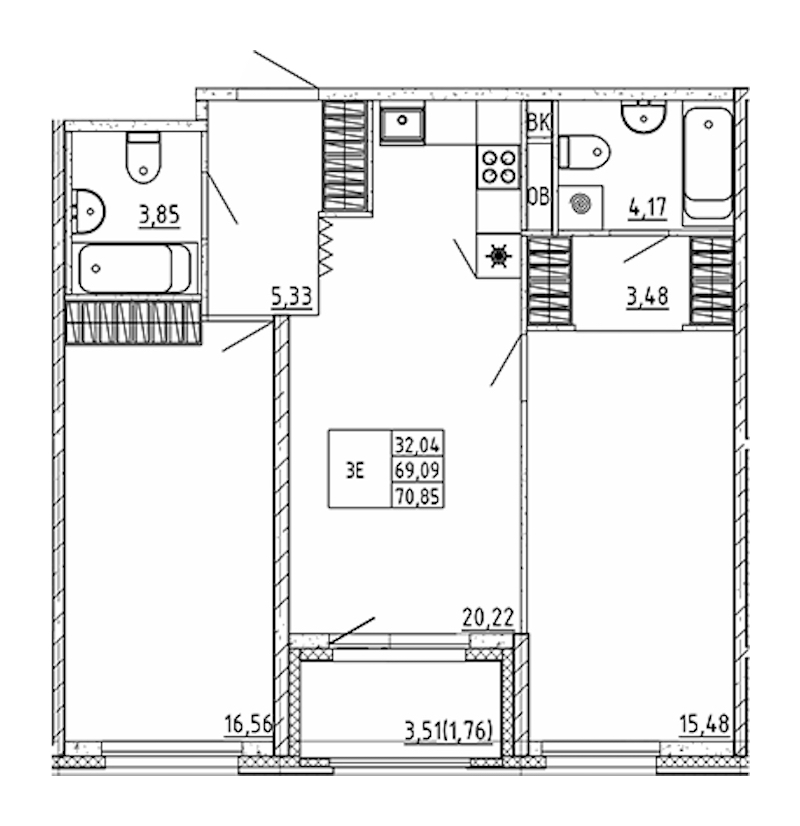 2-комнатная квартира 70.85 м², 2/12 эт., ЖК «UP! Квартал Воронцовский»